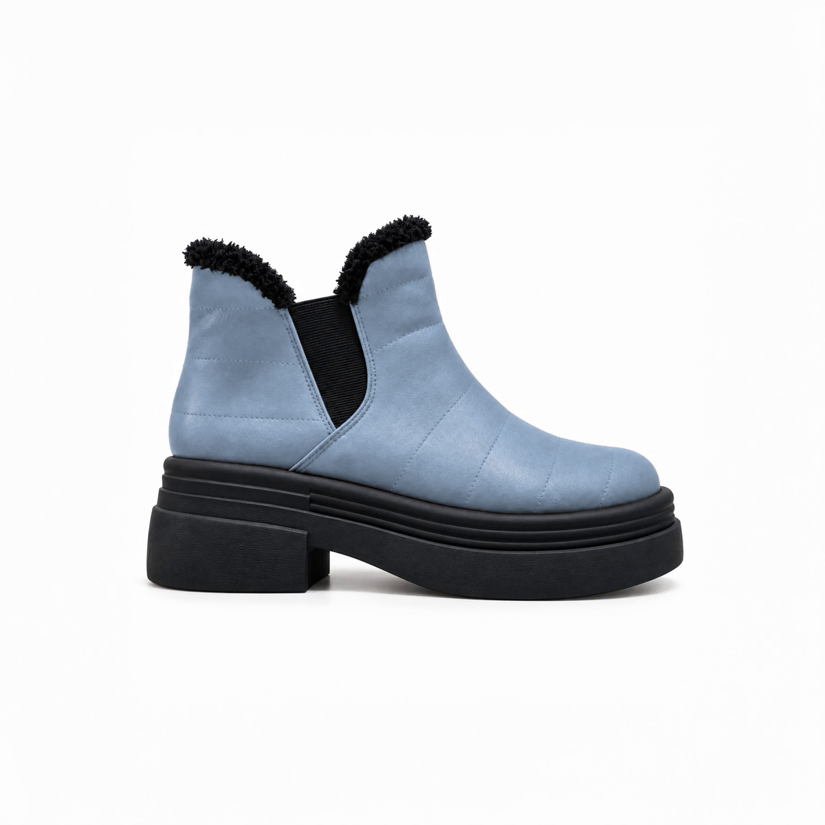 Light Blue Leather Teddy Puffer Boots side view – chunky platform sole – ECADRA