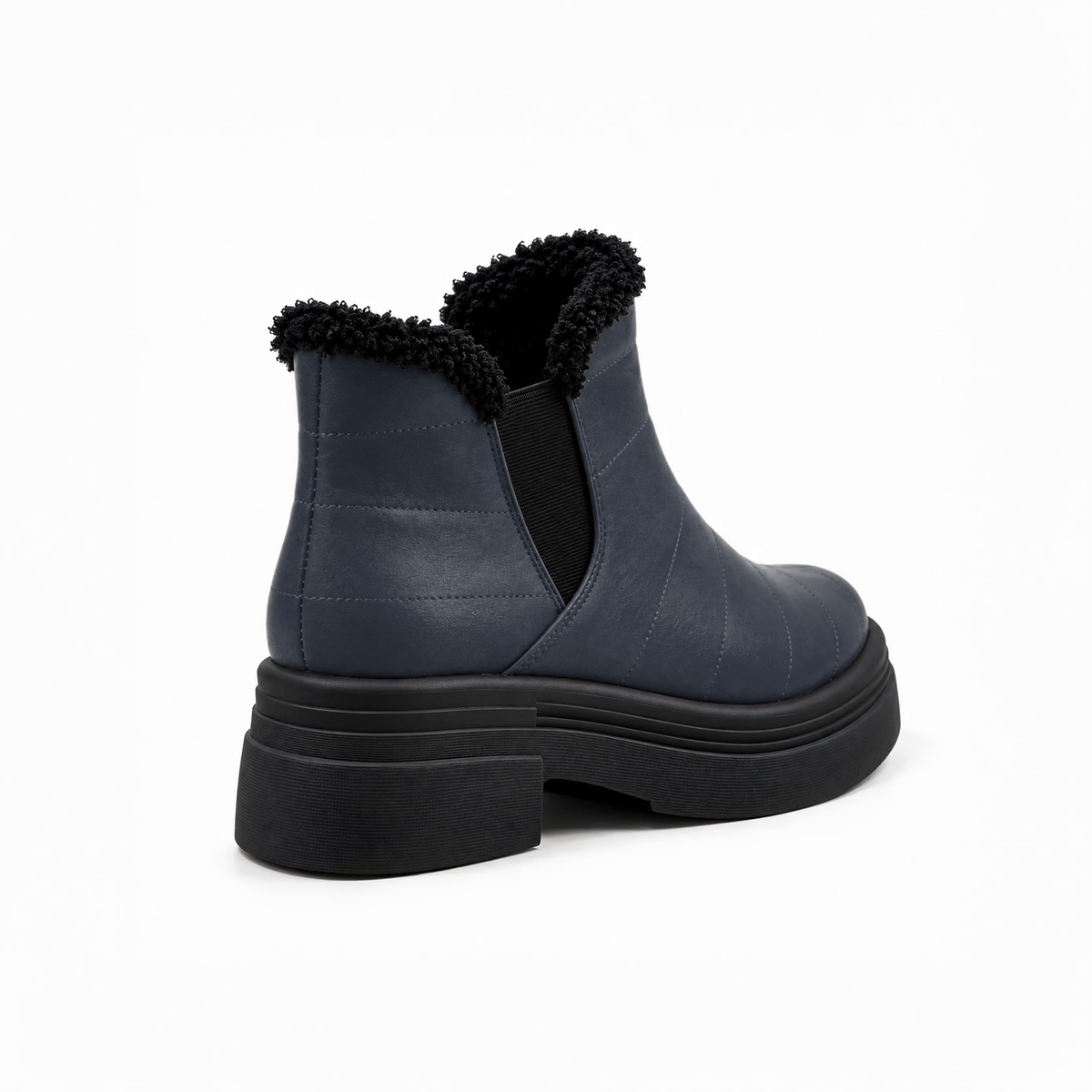 Navy Blue Leather Teddy Puffer Boots back view – faux-fur collar – ECADRA