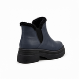 Navy Blue Leather Teddy Puffer Boots back view – faux-fur collar – ECADRA