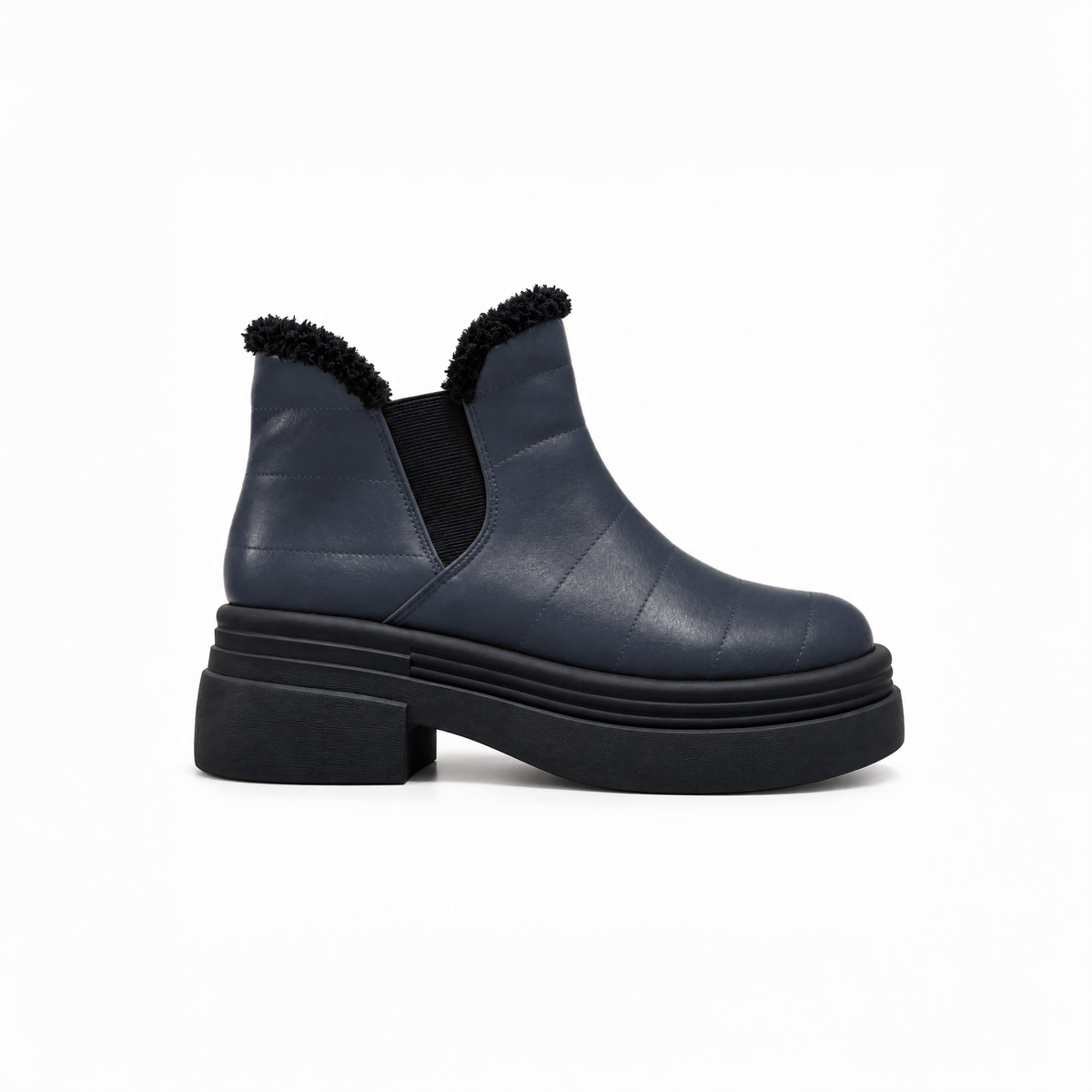 Navy Blue Leather Teddy Puffer Boots side view – chunky platform sole – ECADRA