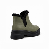 Olive Leather Teddy Puffer Boots back view – faux-fur collar – ECADRA