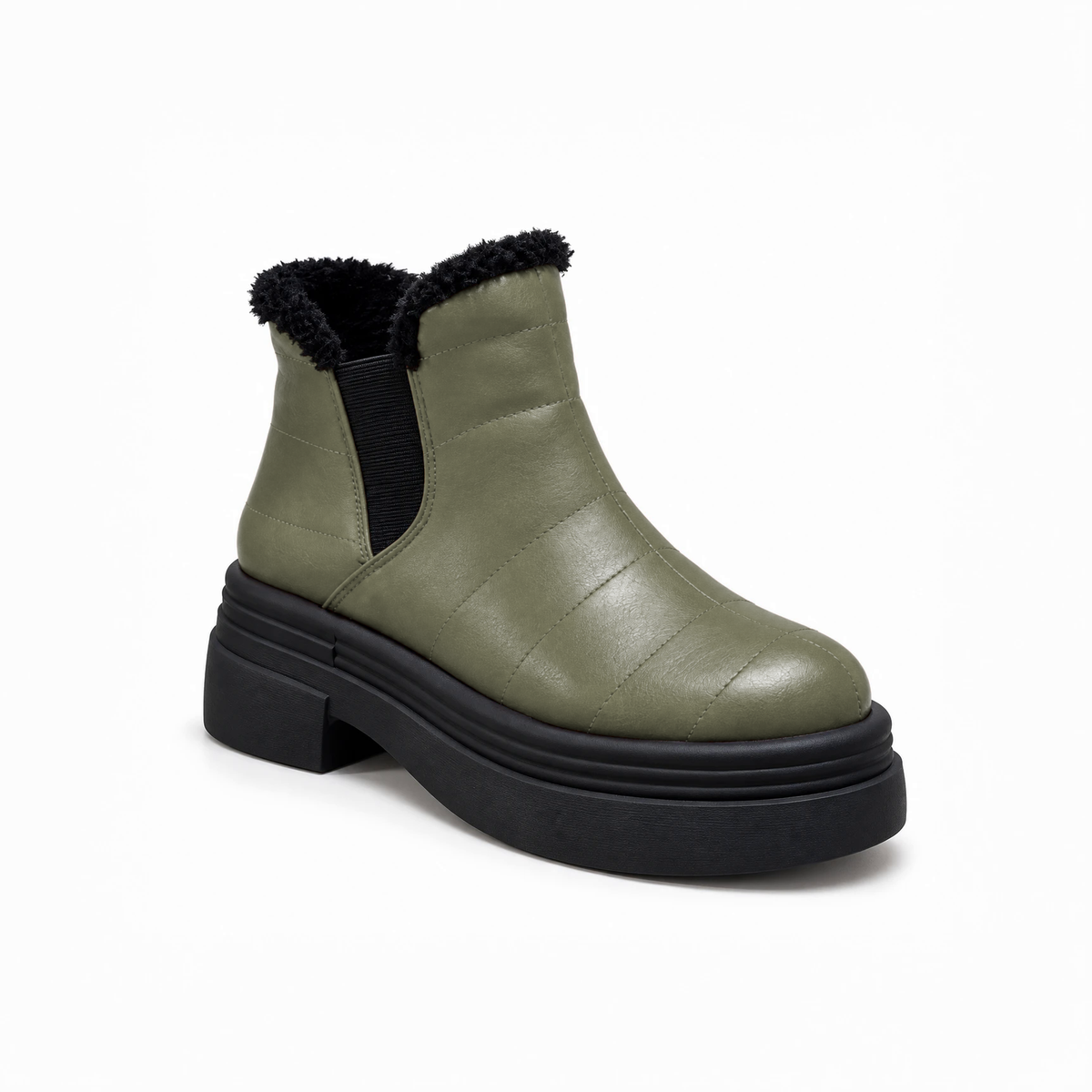 Olive Leather Teddy Puffer Boots – هاف بوت فرو حريمي – ECADRA
