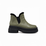 Olive Leather Teddy Puffer Boots side view – chunky platform sole – ECADRA