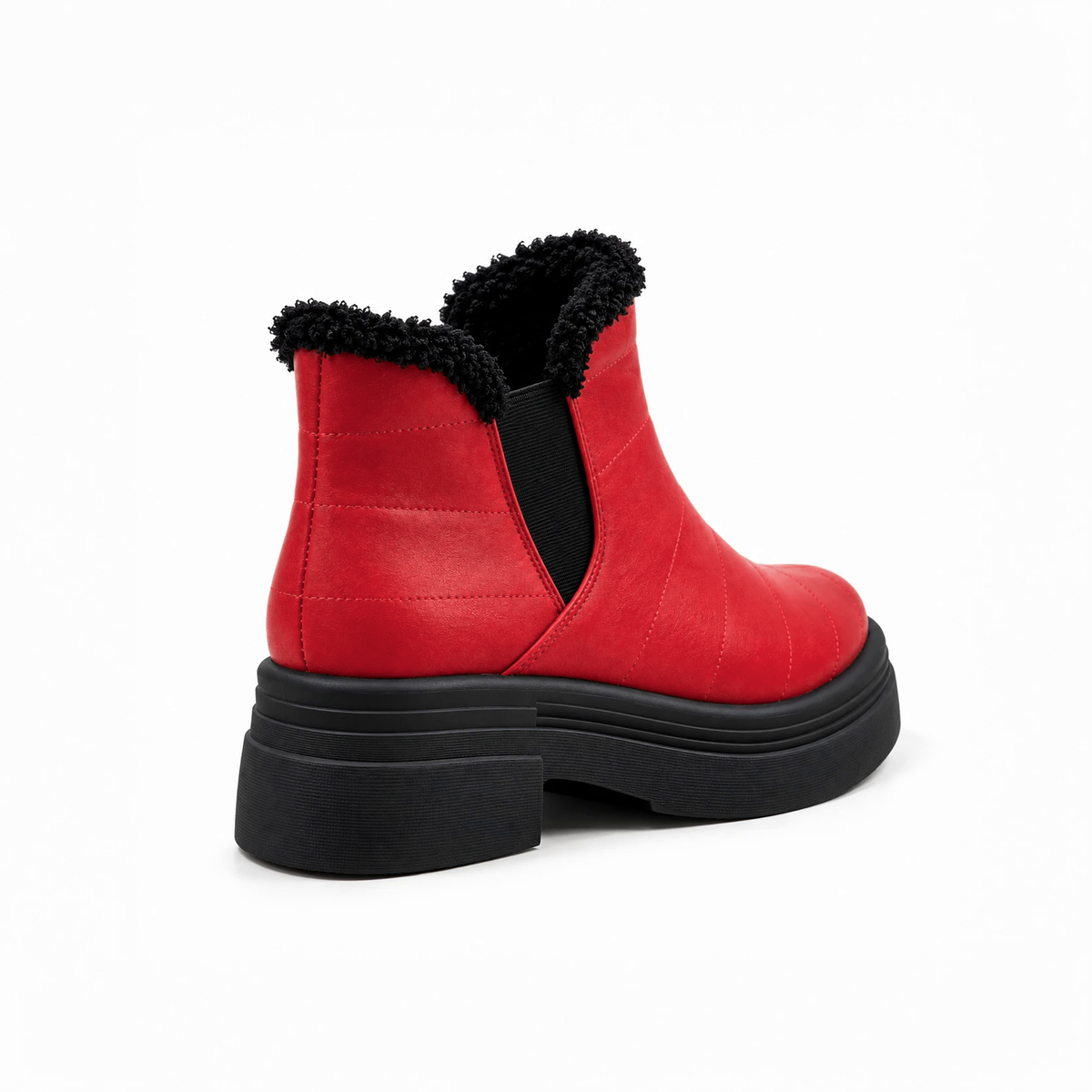 Red Leather Teddy Puffer Boots back view – faux-fur collar – ECADRA