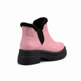 Rose Leather Teddy Puffer Boots back view – faux-fur collar – ECADRA