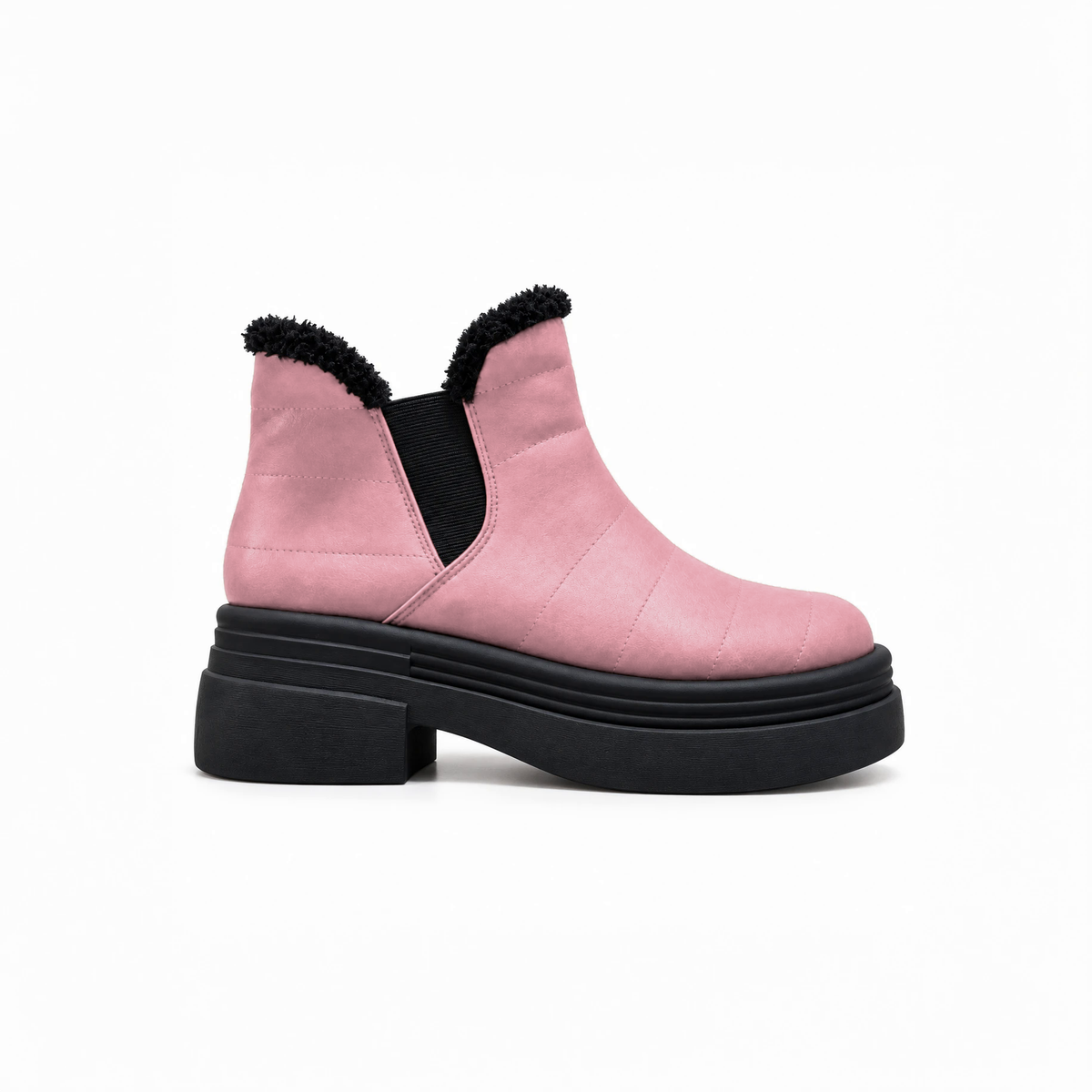 Rose Leather Teddy Puffer Boots side view – chunky platform sole – ECADRA