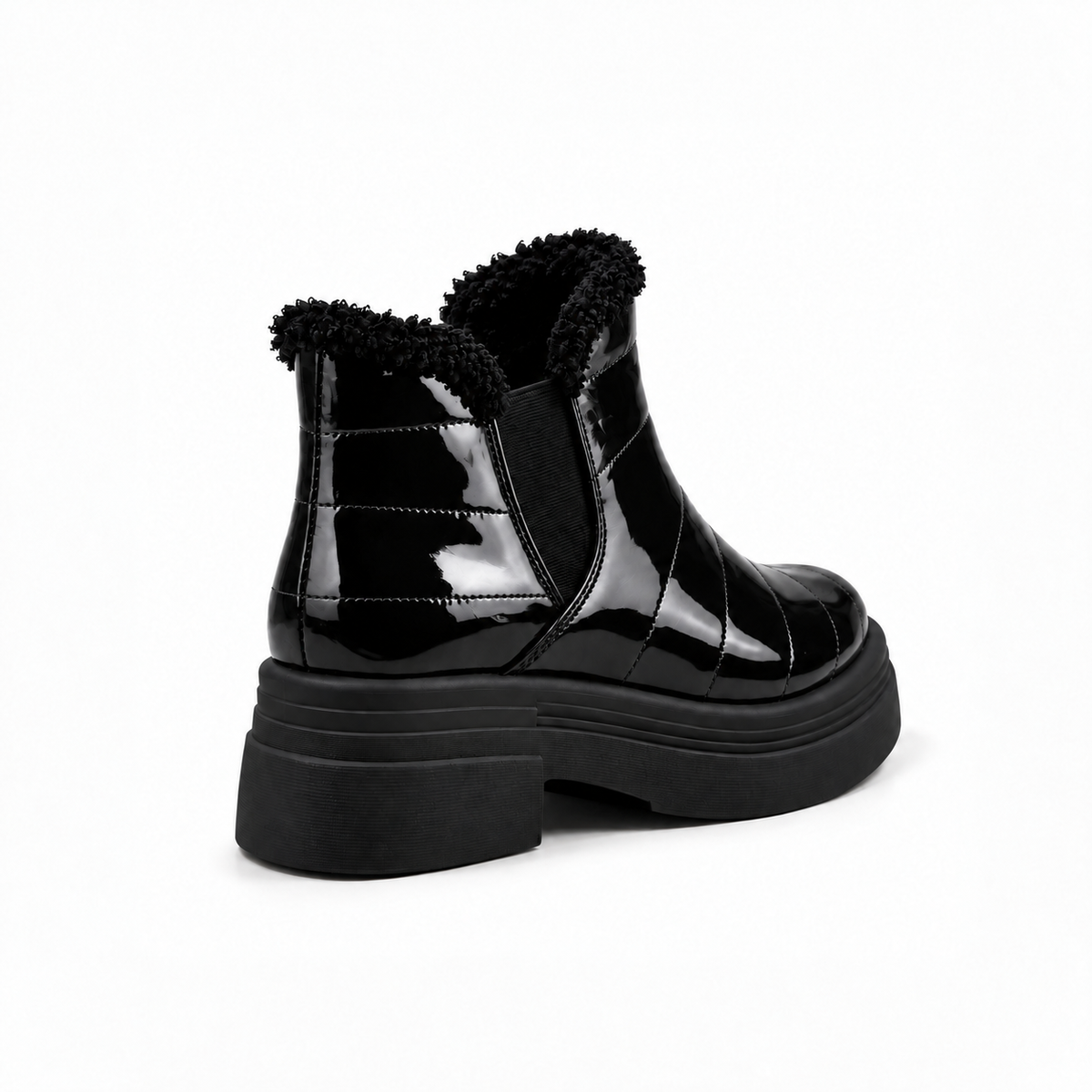 Black Patent Teddy Puffer Boots back view – faux-fur collar – ECADRA