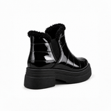 Black Patent Teddy Puffer Boots back view – faux-fur collar – ECADRA