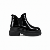 Black Patent Teddy Puffer Boots side view – chunky platform sole – ECADRA