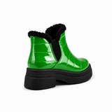 Bright Green Patent Teddy Puffer Boots back view – faux-fur collar – ECADRA