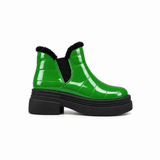 Bright Green Patent Teddy Puffer Boots side view – chunky platform sole – ECADRA