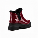 Burgundy Patent Teddy Puffer Boots back view – faux-fur collar – ECADRA