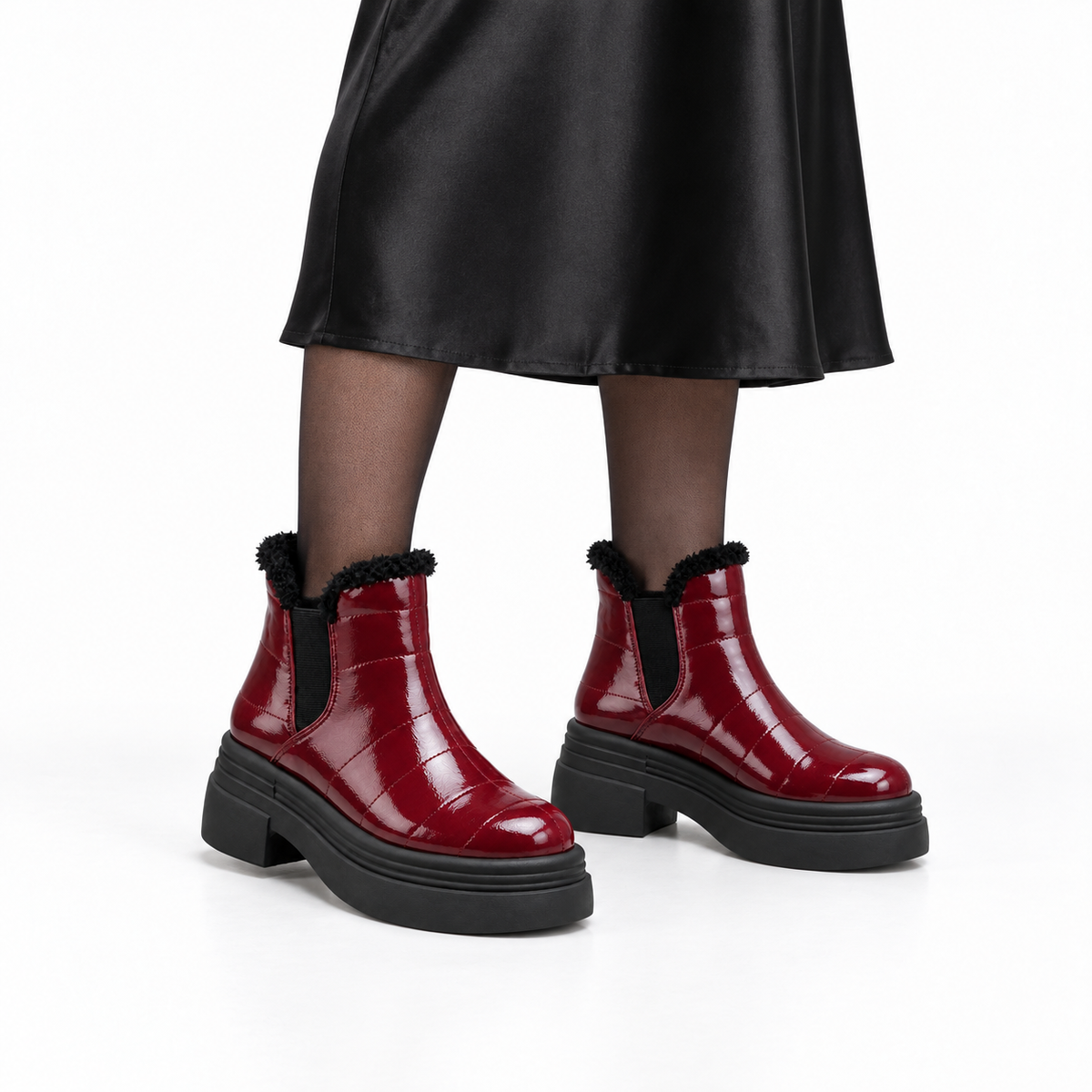 Burgundy Patent Teddy Puffer Boots on a model – هاف بوت فرو لامع – ECADRA (1)