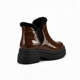 Chocolate Patent Teddy Puffer Boots back view – faux-fur collar – ECADRA
