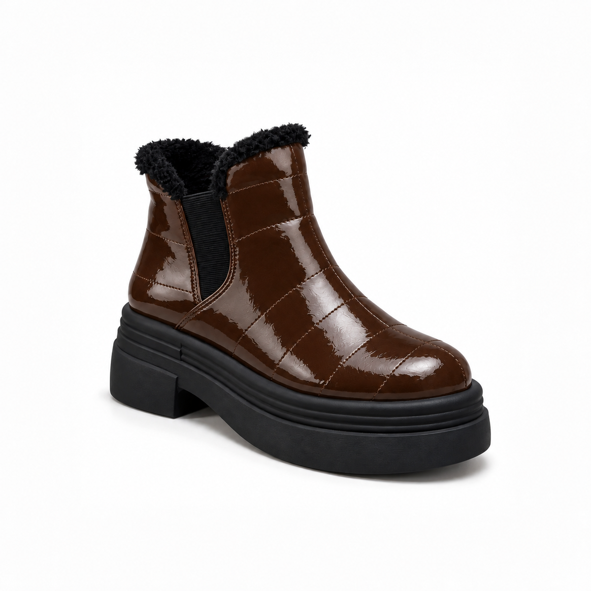Chocolate Patent Teddy Puffer Boots – هاف بوت فرو لامع – ECADRA