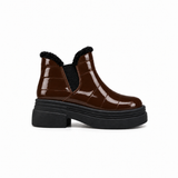 Chocolate Patent Teddy Puffer Boots side view – chunky platform sole – ECADRA