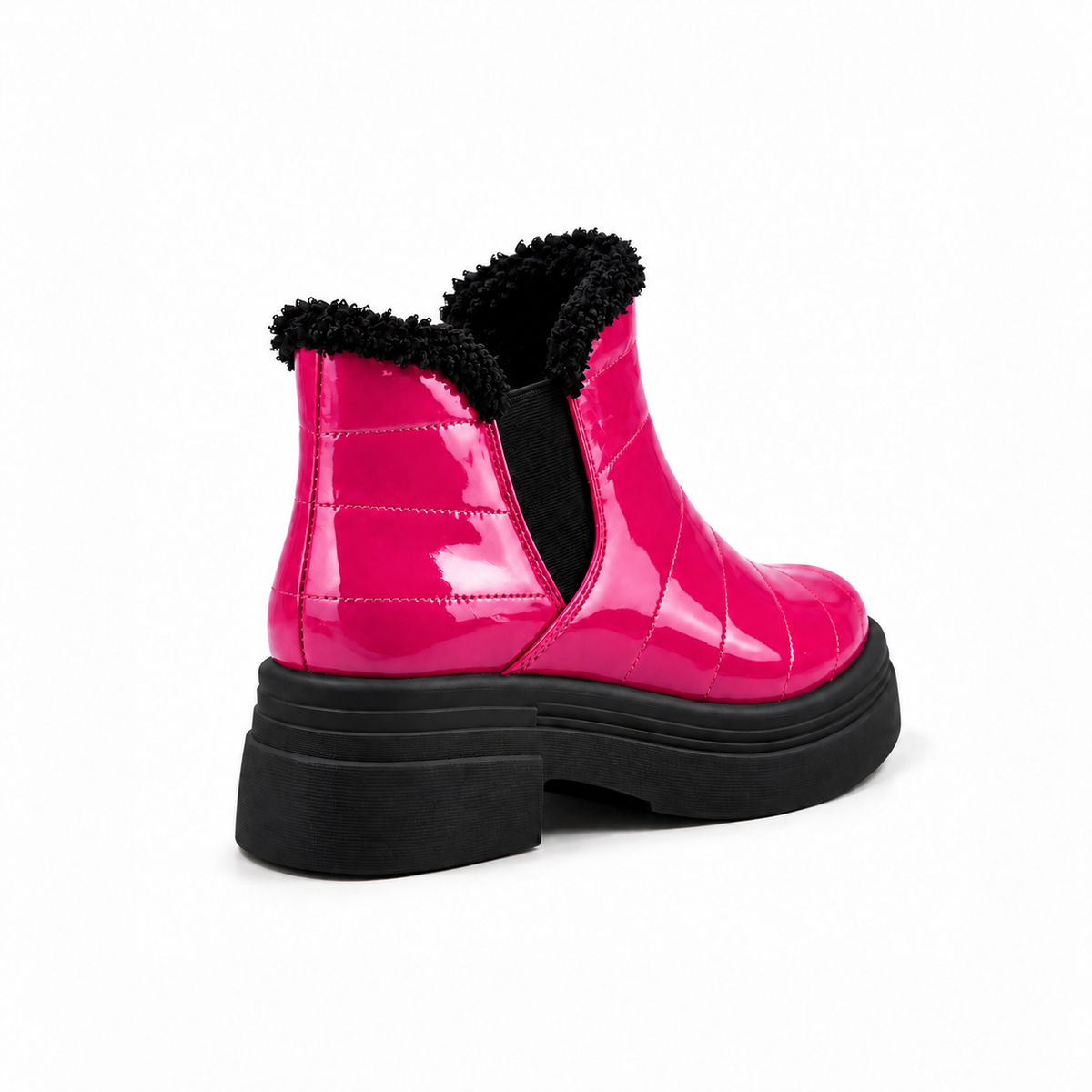 Fuchsia Patent Teddy Puffer Boots back view – faux-fur collar – ECADRA