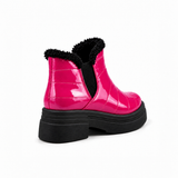 Fuchsia Patent Teddy Puffer Boots back view – faux-fur collar – ECADRA
