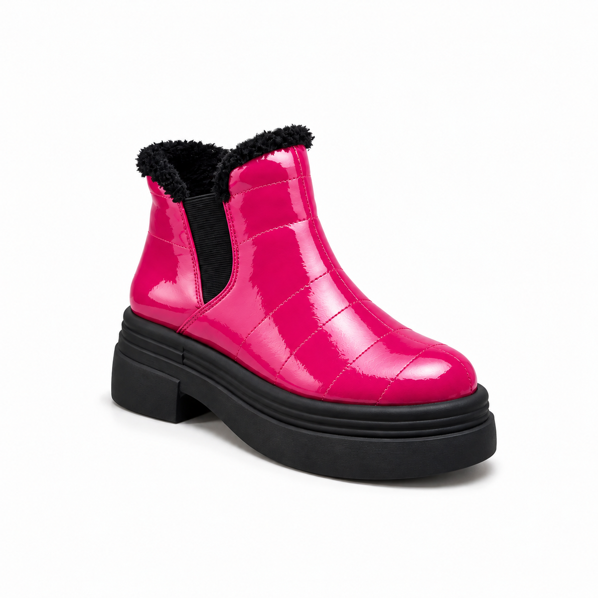 Fuchsia Patent Teddy Puffer Boots – هاف بوت فرو لامع – ECADRA