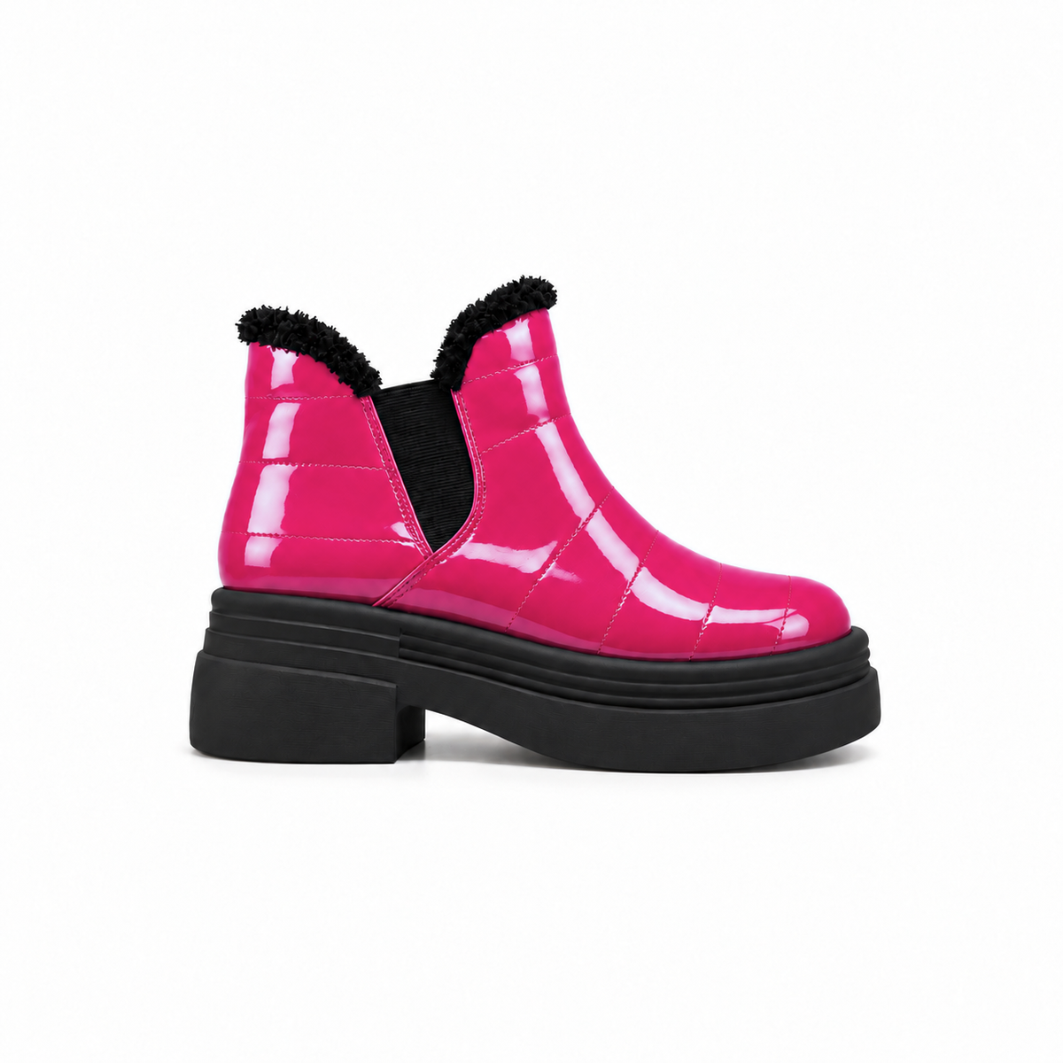Fuchsia Patent Teddy Puffer Boots side view – chunky platform sole – ECADRA