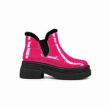 Fuchsia Patent Teddy Puffer Boots side view – chunky platform sole – ECADRA