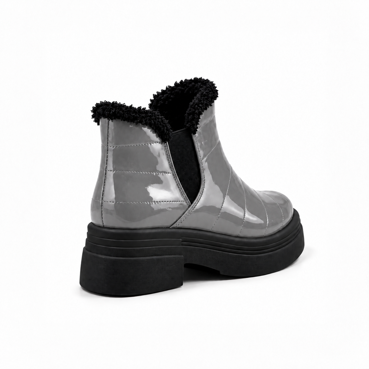 Gray Patent Teddy Puffer Boots back view – faux-fur collar – ECADRA