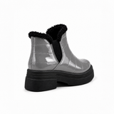 Gray Patent Teddy Puffer Boots back view – faux-fur collar – ECADRA