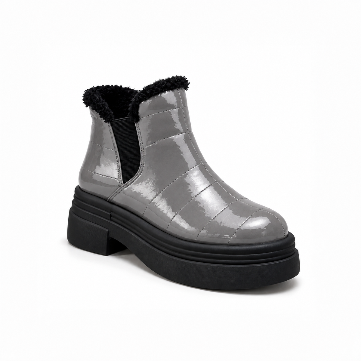 Gray Patent Teddy Puffer Boots – هاف بوت فرو لامع – ECADRA