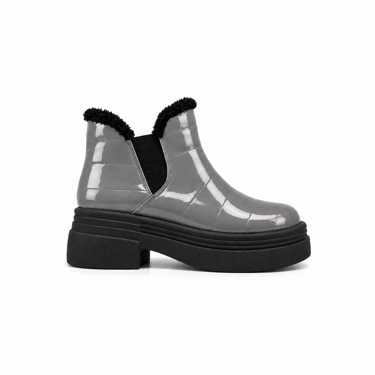 Gray Patent Teddy Puffer Boots side view – chunky platform sole – ECADRA