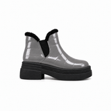 Gray Patent Teddy Puffer Boots side view – chunky platform sole – ECADRA