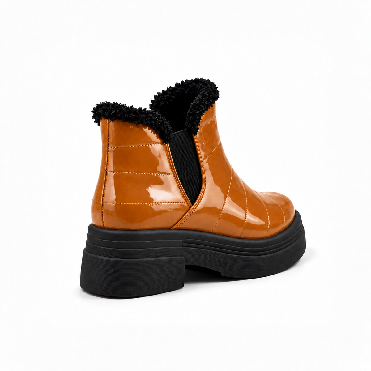 Havana Patent Teddy Puffer Boots back view – faux-fur collar – ECADRA