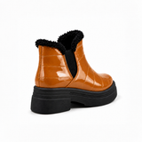 Havana Patent Teddy Puffer Boots back view – faux-fur collar – ECADRA