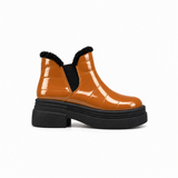 Havana Patent Teddy Puffer Boots side view – chunky platform sole – ECADRA