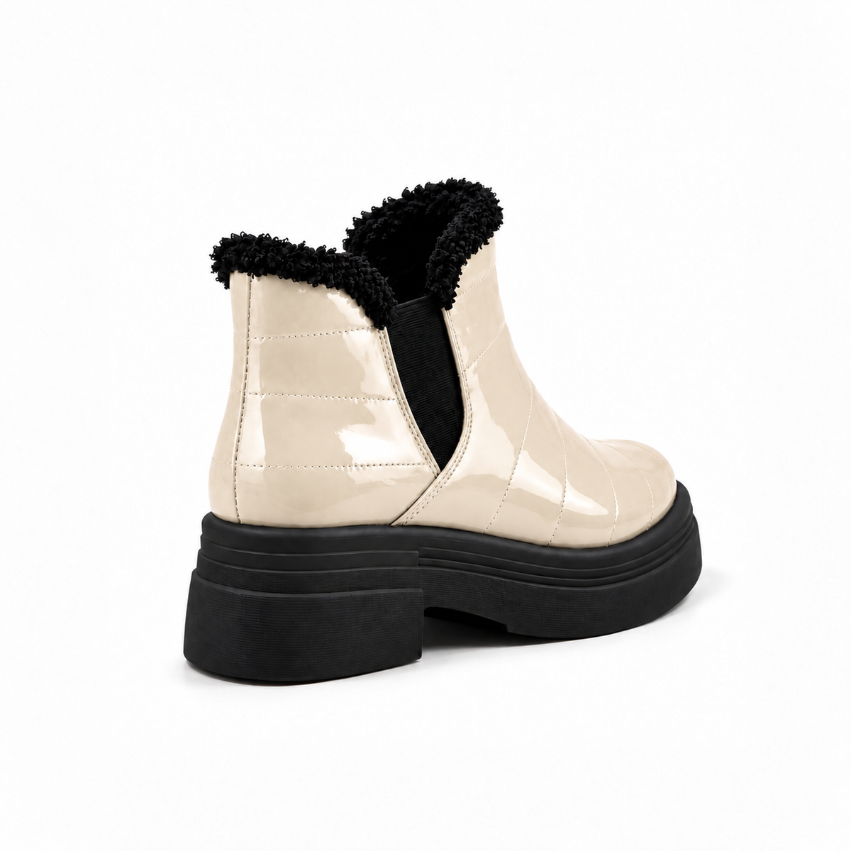 Ivory Patent Teddy Puffer Boots back view – faux-fur collar – ECADRA