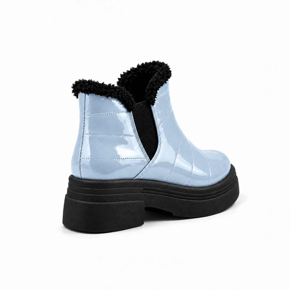 Light Blue Patent Teddy Puffer Boots back view – faux-fur collar – ECADRA