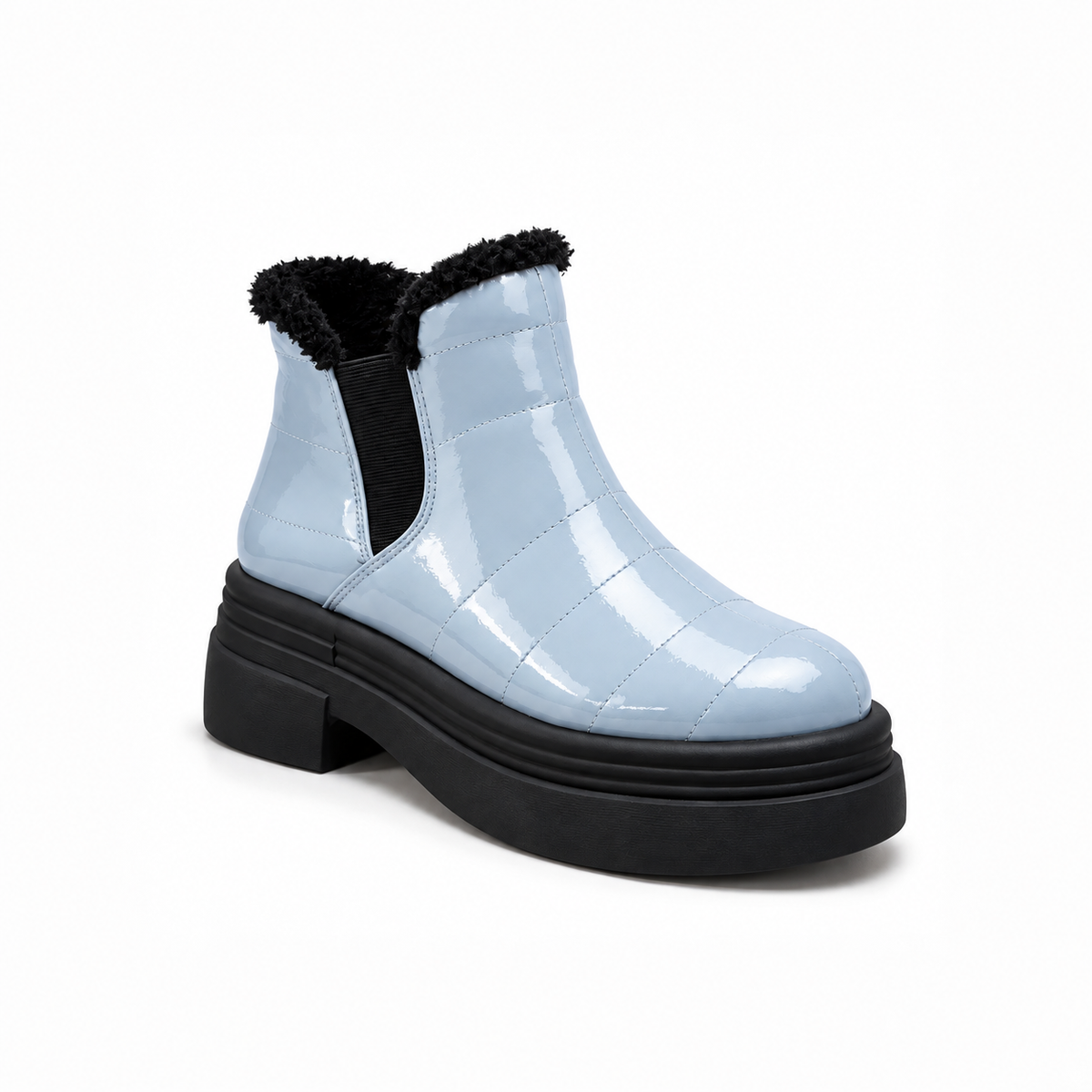 Light Blue Patent Teddy Puffer Boots – هاف بوت فرو لامع – ECADRA