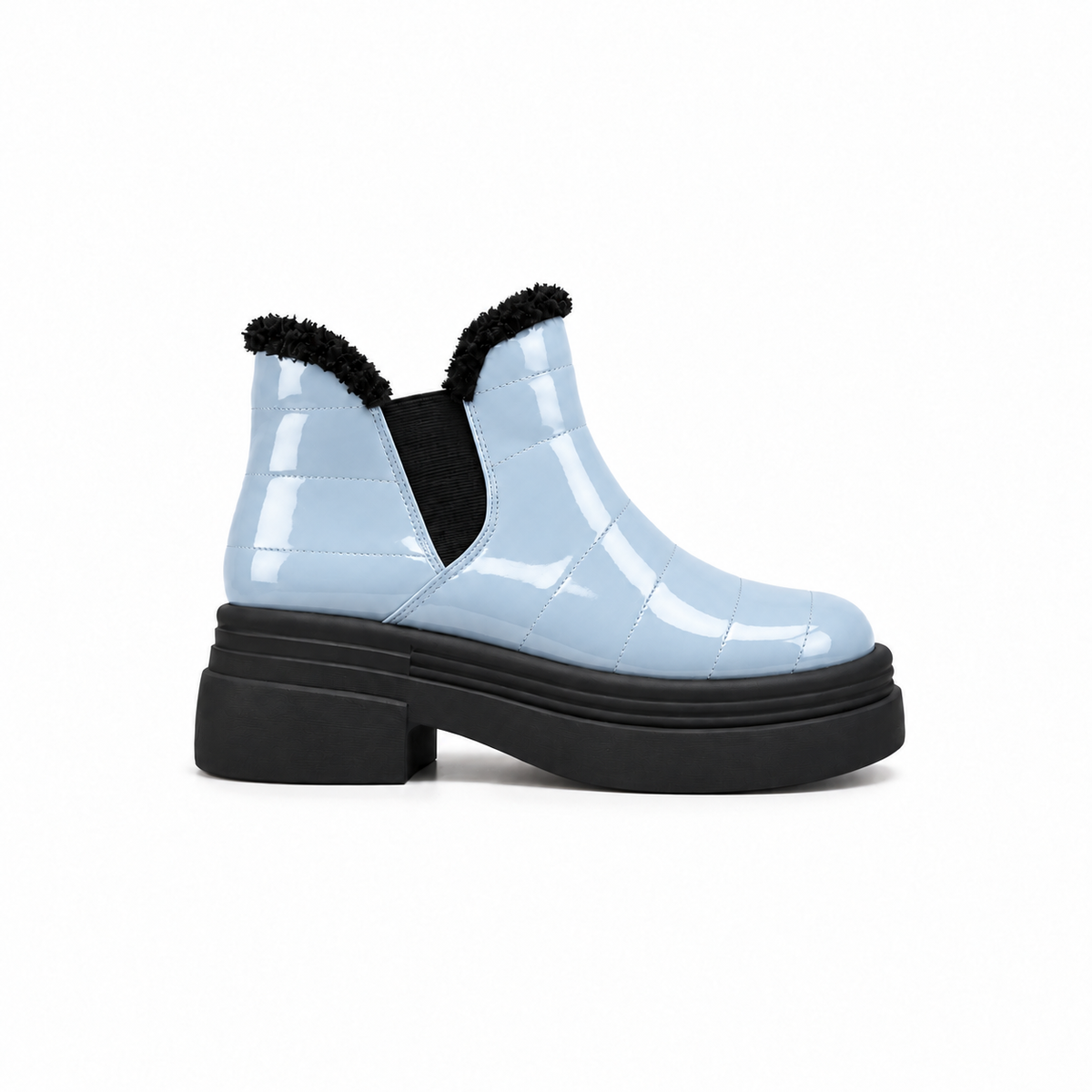 Light Blue Patent Teddy Puffer Boots side view – chunky platform sole – ECADRA
