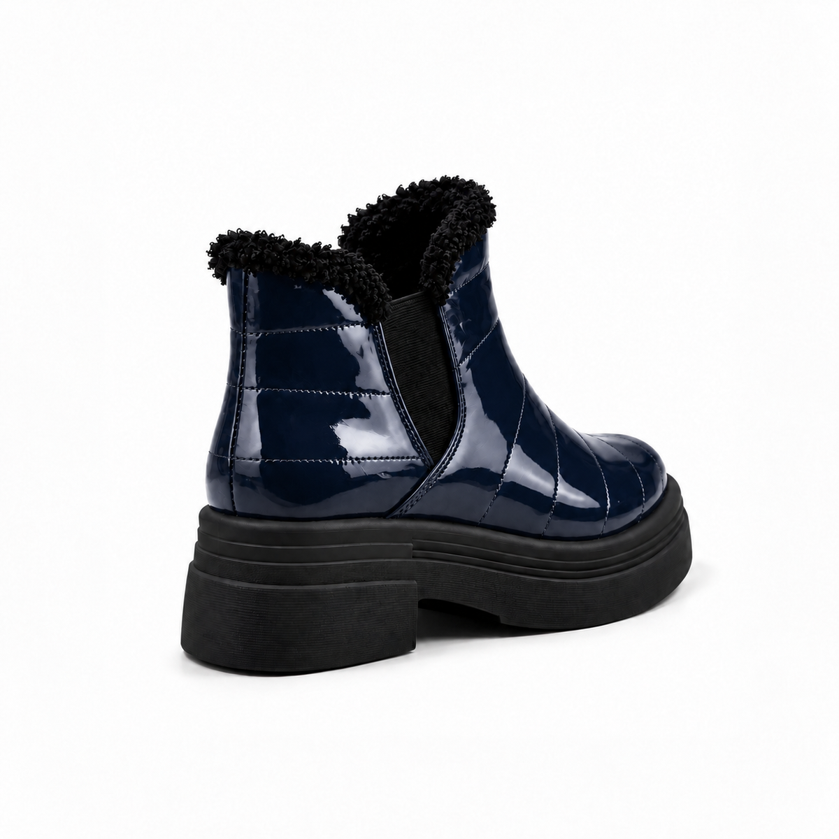 Navy Patent Teddy Puffer Boots back view – faux-fur collar – ECADRA