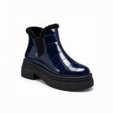 Navy Patent Teddy Puffer Boots – هاف بوت فرو لامع – ECADRA