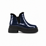 Navy Patent Teddy Puffer Boots side view – chunky platform sole – ECADRA