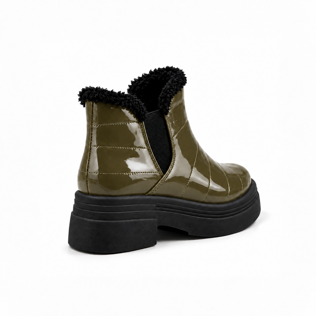 Olive Patent Teddy Puffer Boots back view – faux-fur collar – ECADRA