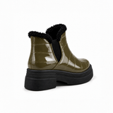 Olive Patent Teddy Puffer Boots back view – faux-fur collar – ECADRA