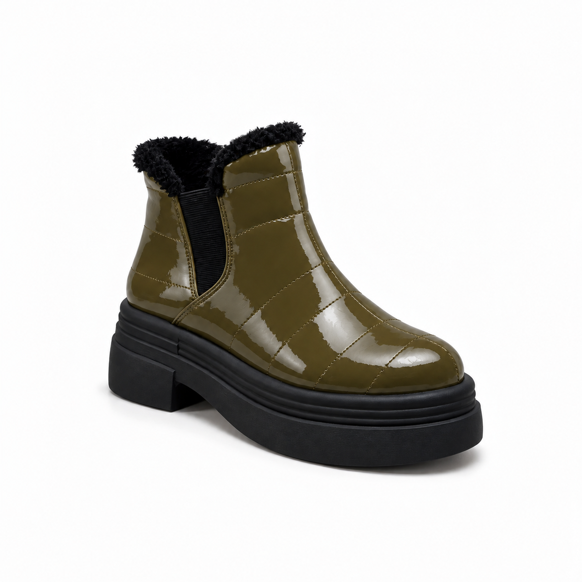 Olive Patent Teddy Puffer Boots – هاف بوت فرو لامع – ECADRA