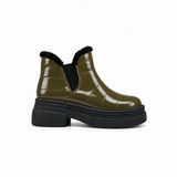 Olive Patent Teddy Puffer Boots side view – chunky platform sole – ECADRA