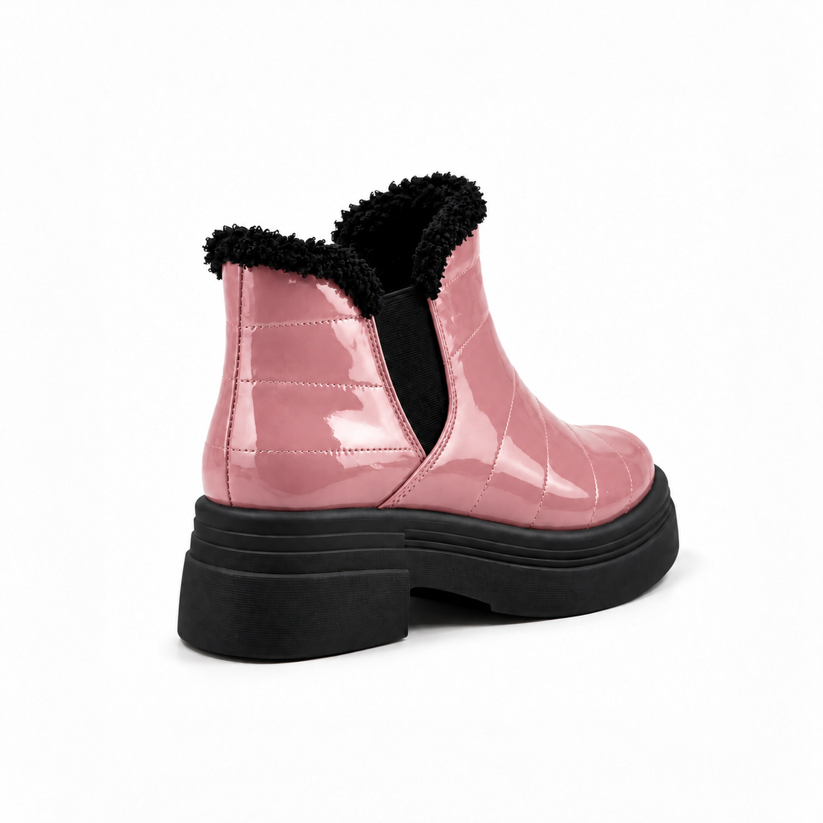 Rose Patent Teddy Puffer Boots back view – faux-fur collar – ECADRA