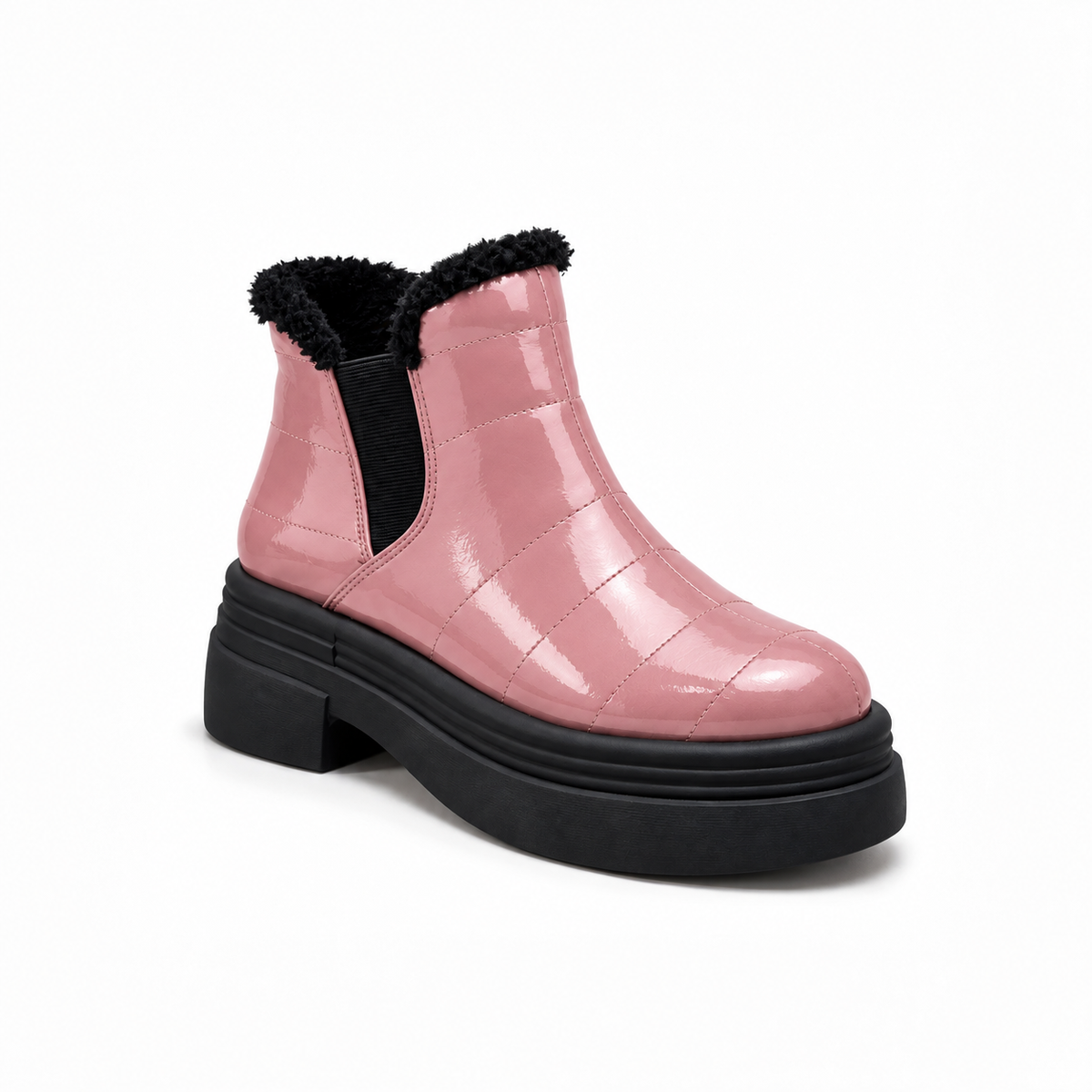 Rose Patent Teddy Puffer Boots – هاف بوت فرو لامع – ECADRA