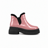 Rose Patent Teddy Puffer Boots side view – chunky platform sole – ECADRA