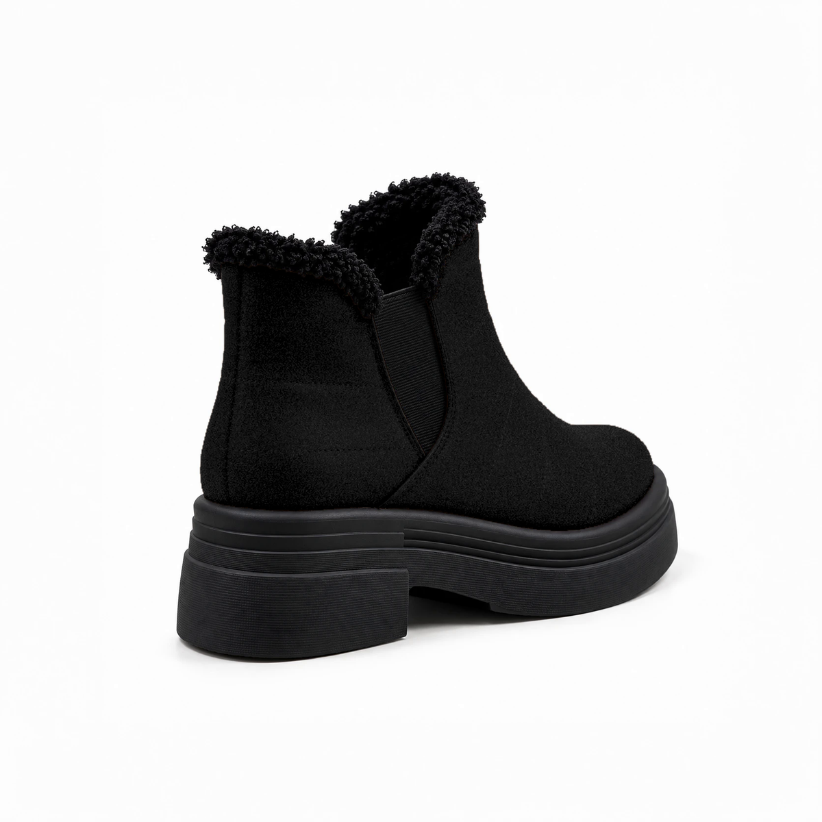 Black Suede Teddy Puffer Boots back view – faux-fur collar – ECADRA