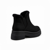 Black Suede Teddy Puffer Boots back view – faux-fur collar – ECADRA