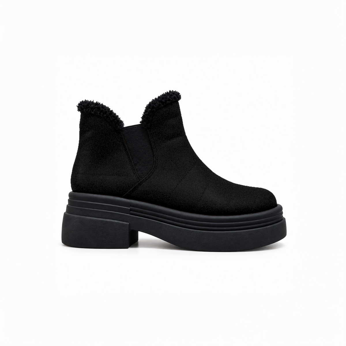 Black Suede Teddy Puffer Boots side view – chunky platform sole – ECADRA